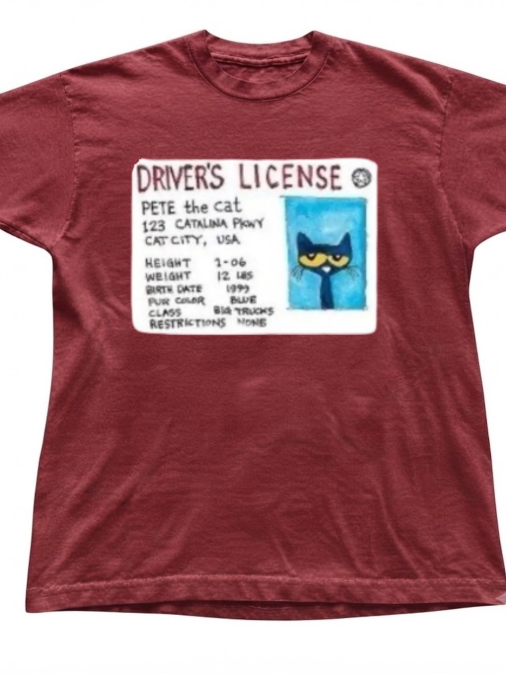 Funny Blue Cat Driver License Graphic Art Print Maroon Gildan T-Shirt